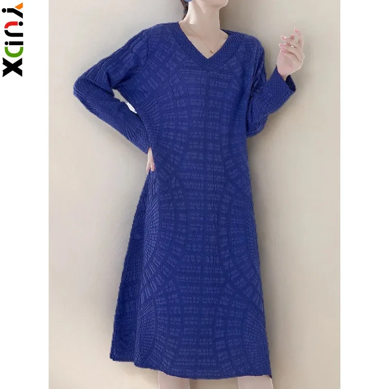 

YUDX Miyake Jacquard Pleated Dress For Women 2024 Spring V Neck Long Sleeves Loose Fashion Dresses Ladies Clothing New