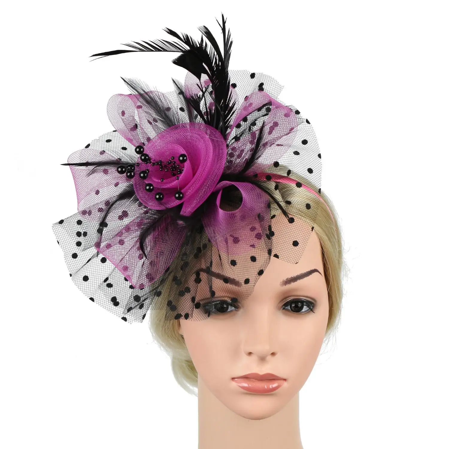 Elegant Women's Mesh Flower Feather Fascinator Headband and Hair Clip