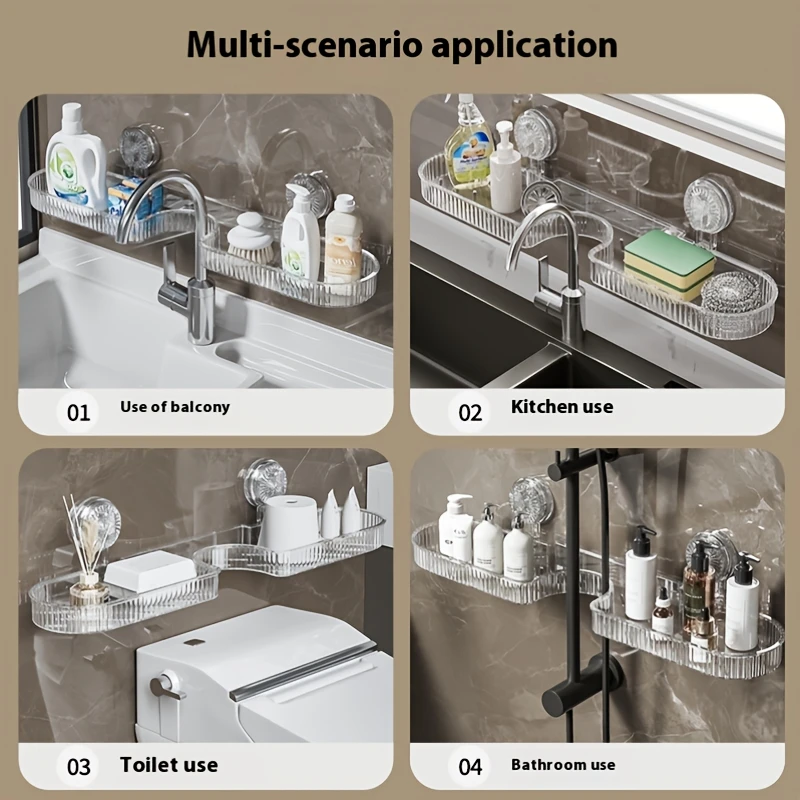 1pc Clear Plastic Suction Cup Bathroom Shelf - No - Drill, Wall - Mounted for Faucet, Toilet & Cosmetic Storage 4