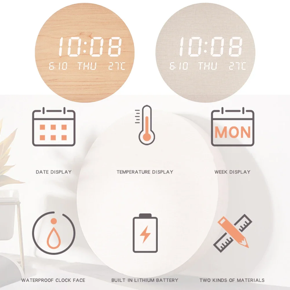 Bedroom Wall Clock LED Wall Clock Waterproof Wood PVC Material 12-hour And 24-hour Formats Day And Date Display