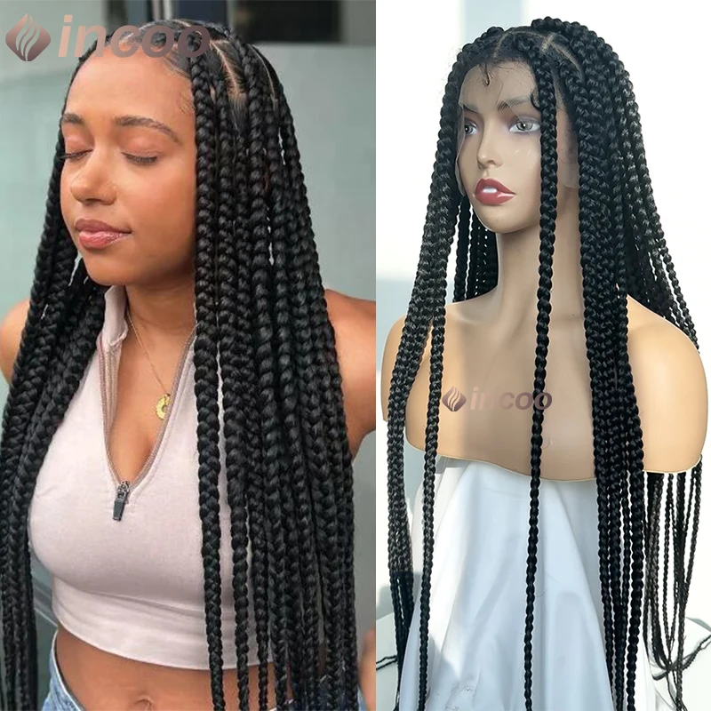 Synthetic Braided Full Lace Wigs For Black Women Knotless Larger Box Braids Faux Locs Braided Wigs Tribal Cornrow Braids Wigs