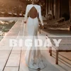 Elegant Mermaid Wedding Dresses Long Sleeve O-Neck Open Back Simple Button Satin Bridal Gown Train Vestidos De Noiva Customized 4