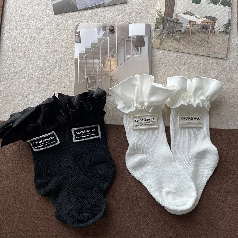 Children Girls Lace Lolita Kids Calf Socks Korean Black White Ruffle Socks for Baby Kids Soft Cotton Spring Frilly School Socks