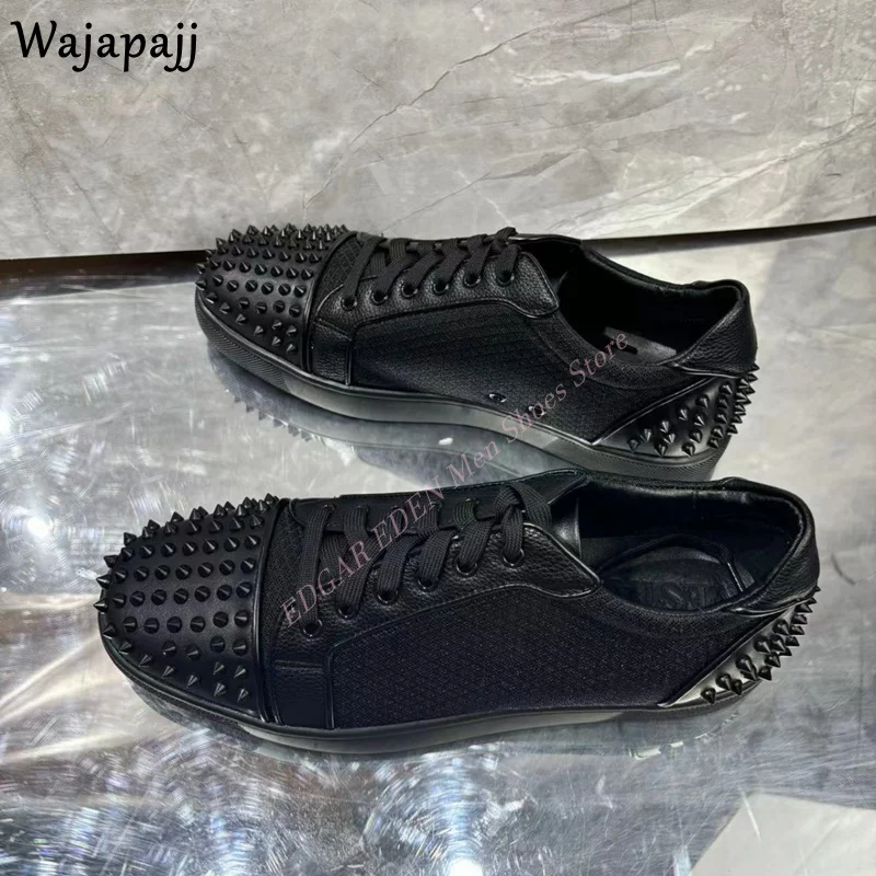 Stylish Rivet Round Toe Men's Lace Up Shoes Spring Autumn Comfortable Flat Heel Breathable Male Black Casual Single Shoes 4
