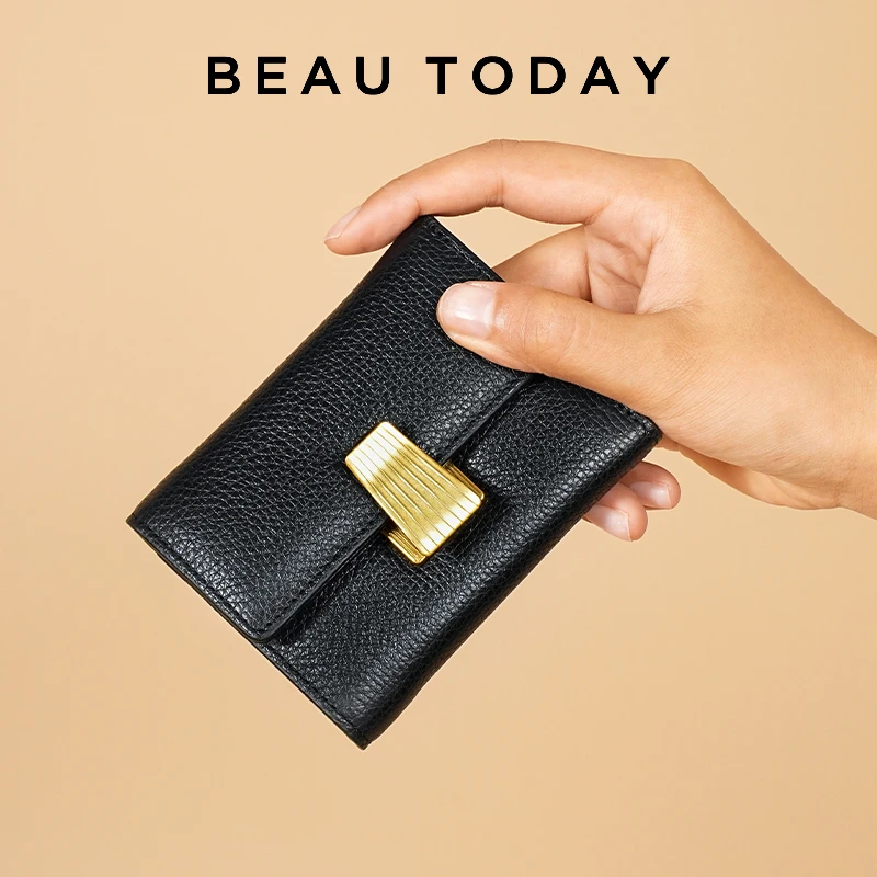 Women Money Clips Genuine Cow Leather Solid Color Buckle Latch Side Zipper Mini Wallet Ladies Purse