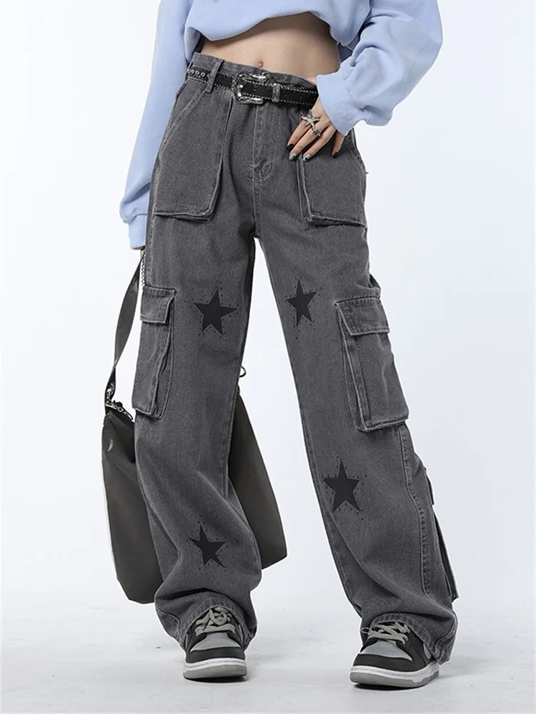 

Vintage Star Pattern Jeans Baggy Low Rise Print Denim Mom Jeans Y2k Grunge 2000s Wide Leg Cargo Pants Streetwear Trousers Women