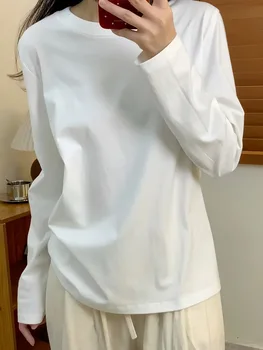 Fashion Autumn Long Sleeve T-Shirt Basic Tee Shirt Oversize Elegant Leisure Women Casual O-neck Tshirt Black White Streetwear 1