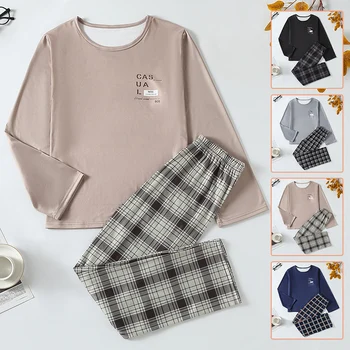 2-piece Autumn And Winter Big Boy Youth Casual Fashion Plaid Home Set Comfortable Plus Size Round Neck T-shirt Warm Home Pants 1