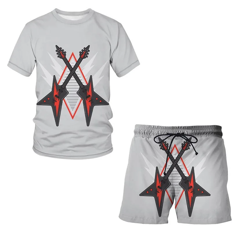 thumbnail image 1 of Conjunto de pantalones cortos de manga corta con estampado 3D y patrón de guitarra musical personalizado Conjunto holgado de 2 piezas para hombre, 1 of 4