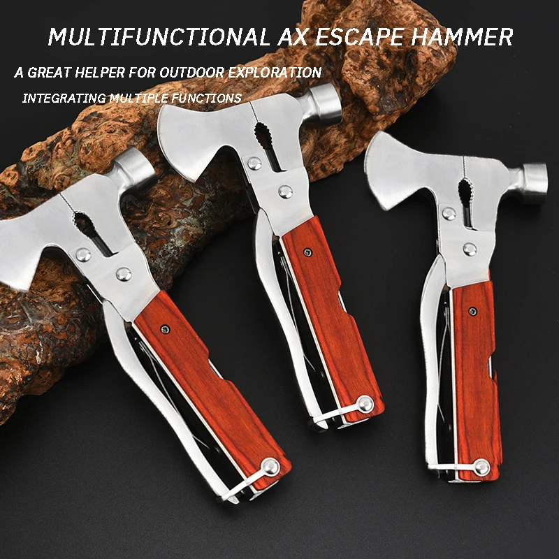 Painted wooden handle outdoor multi-function axe escape hammer car safety hammer car rescue hammer emergency kit special