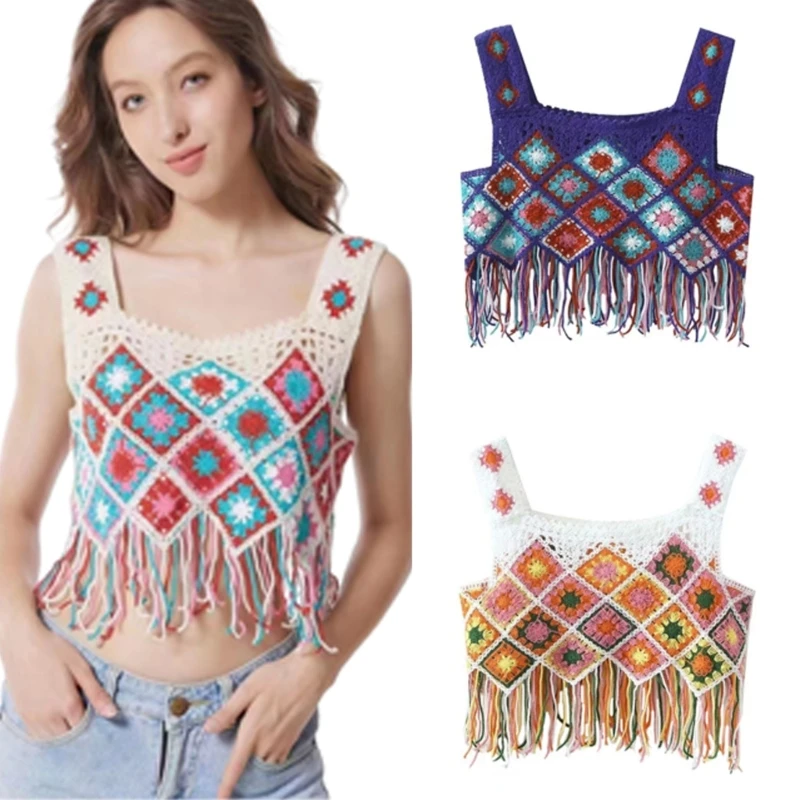

B36D Women Square Neck Camisole Vest Crochet Knit Colorful Geometric Tassels Crop Top