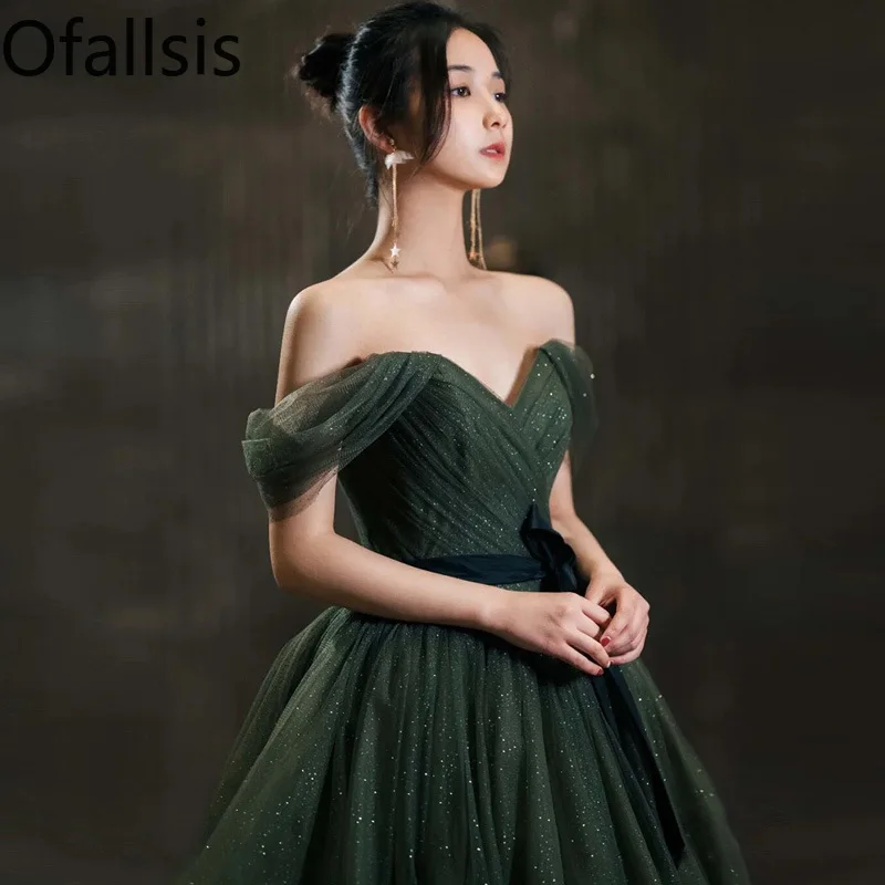 

Ofallsis Green Off Shoulder High End Elegant Art Exam Birthday Party Dress 2024 New Annual Host's Evening Dresses Light Luxury