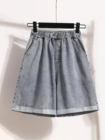Plus Size Shorts For Women 2024 Summer New Arrivals High Elastic Waist Crimping Wide Leg Loose Streetwear Blue Jeans Shorts