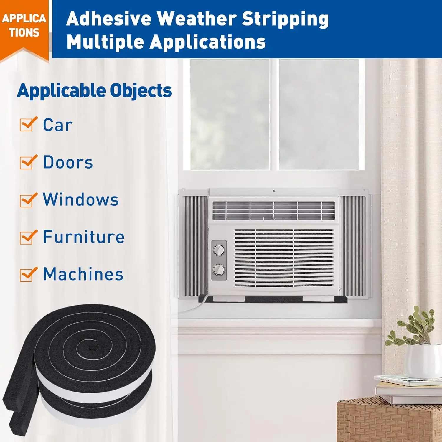 Adhesive Foam Weather Stripping 2 Rolls 1 Inch X 0.75 Inch X 6.5ft Air Conditioner Window Seal Open Cell High Resilience