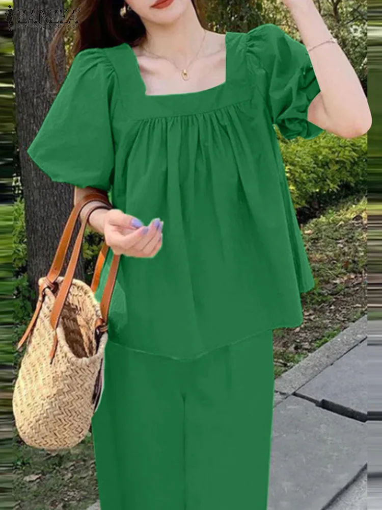 

ZANZEA Summer Short Sleeve Blouse Wide Leg Pants Sets 2PCS Women Elegant Tracksuit Fashion Solid Holiday Trousers Suits Outifits
