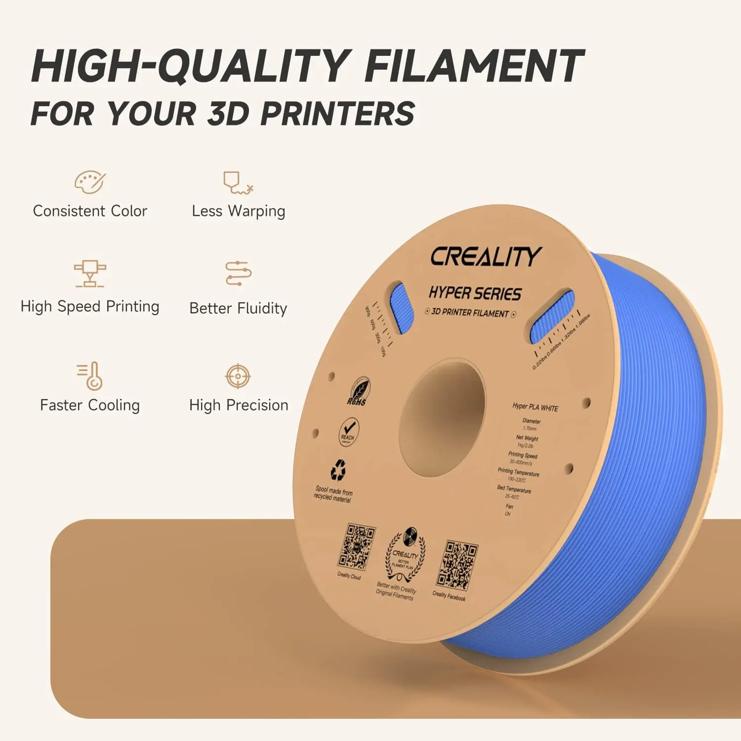 Creality 무독성 하이퍼 PLA 플라스틱 1.75mm 1kg (2.2lbs) 3D 프린터 필라멘트 고속 인쇄용으로 설계됨 더 나은 유동성