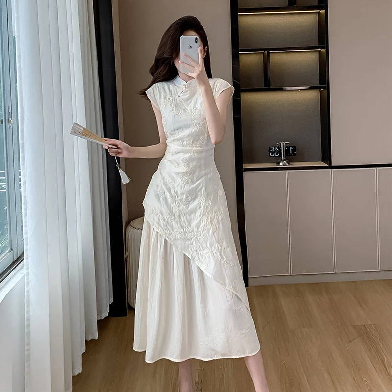 

Женское винтажное офисное платье, однотонное платье в китайском стиле с вышивкой, без рукавов, на молнии, с высокой талией и воротником-стойкой, лето 2024