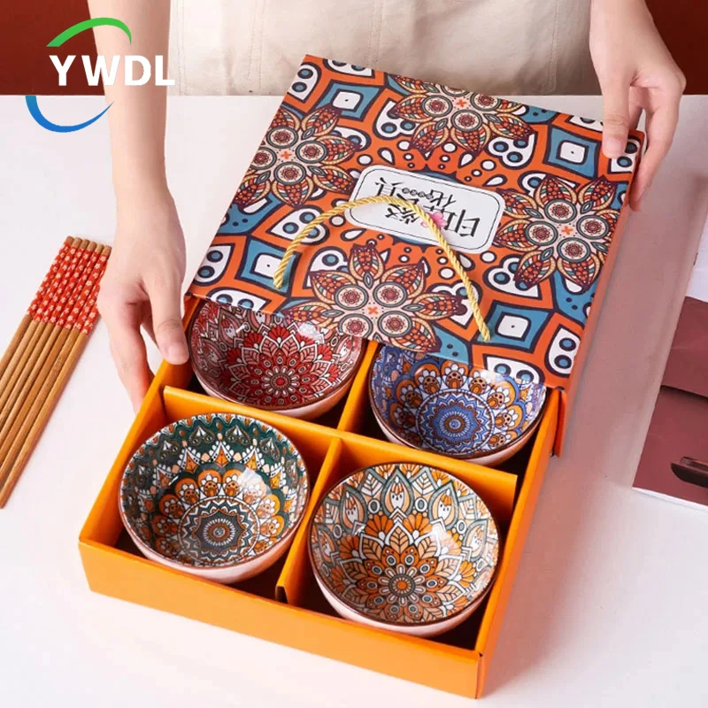 

YWDL 2/4/6pc Retro Ceramic Rice Bowl Set Kitchen Noodle Salad Tableware Set Gift Box Dessert Snack Bowl Set 4.5inch