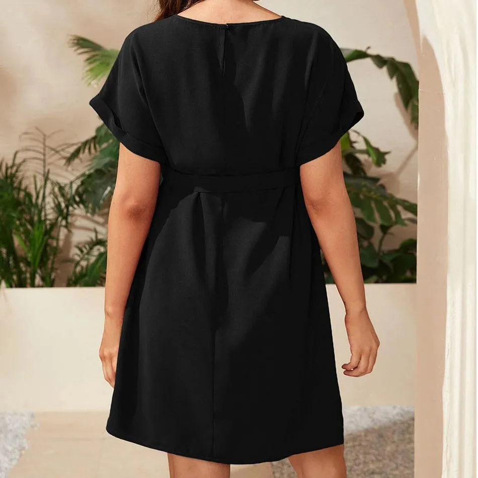 Maternity Clothings Solid Color Soft Elastic Maternity Dress Fashionable and Elegant Short Sleeved High Waisted Lace Up Dress 2