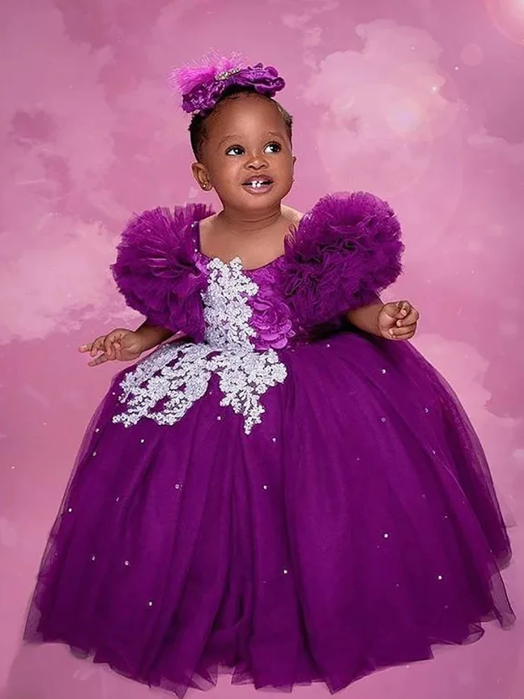 

Purple Lace Crystals Tulle Ball Gown Flower Girl Dresses For Wedding Toddler First Communion Kids Birthday Party