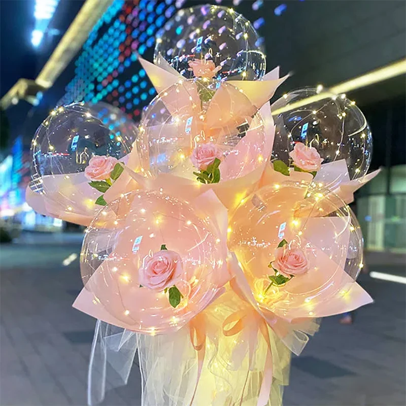 

Led Transparent Balloons With Simulation Rose Helium Balloons DIY Gift Bouquet Wedding Party Birthday Decors Balloon Kids Toys