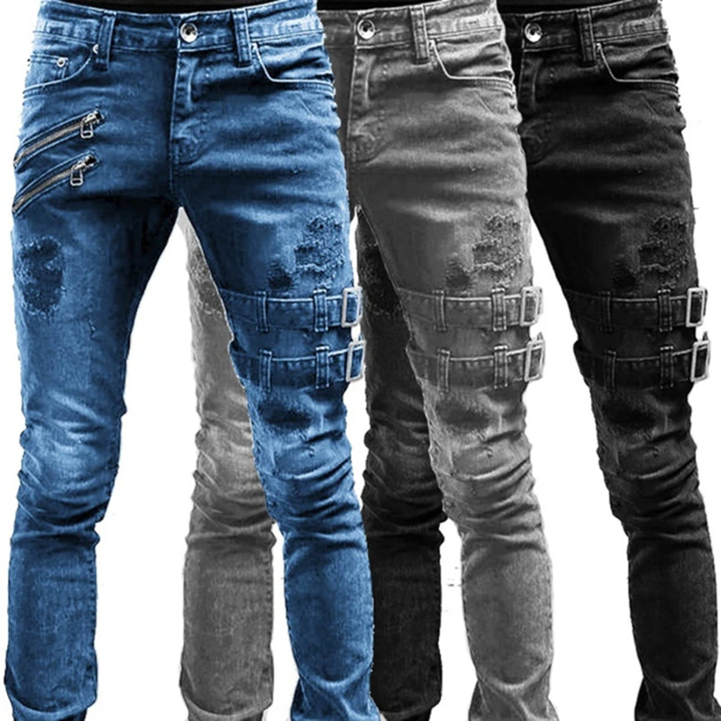 

Men Slim Biker Ripped Long Denim Trousers Skinny Jeans Pocket Side Straps And Zips Male Jogging Pants Destroyed Stretchy Pants
