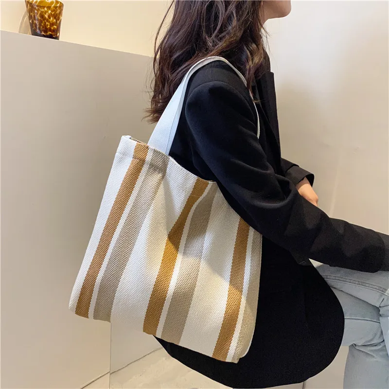 Simple Fresh Striped Canvas Shoulder Bag