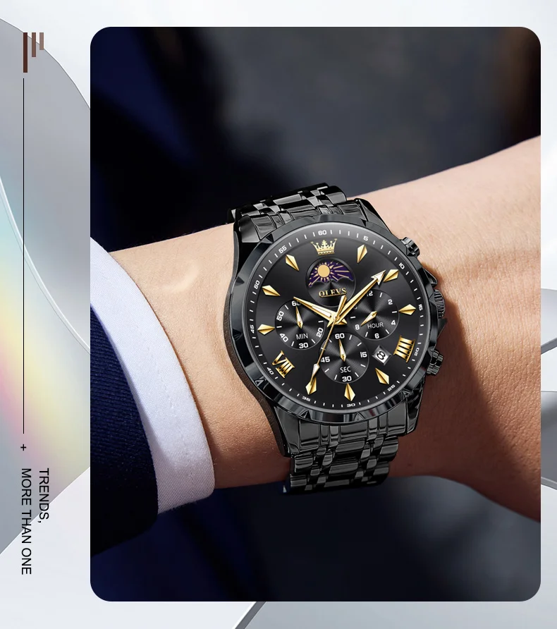 OLEVS 3653 Moon Phase Men Watch Luxury Brand Quartz Watch Fashion Original Waterproof Luminous 24-hour Automatic Date Men Watch