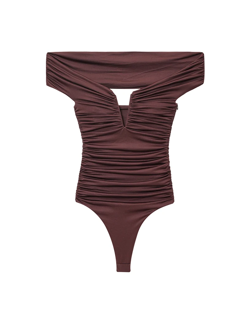 TFMLN 2025 New Women's Bodysuit Sexy Sleeveless Ruched Skinny Slash Neck Bodycon Elegant Tops Fashion Streetwear Outfit Summer