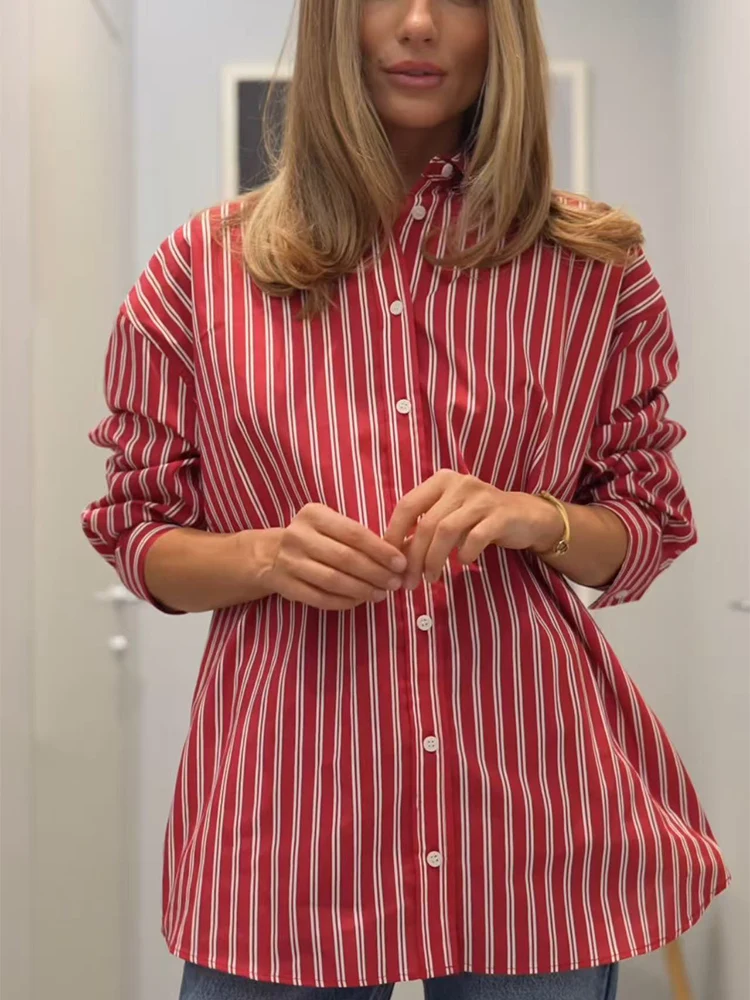  New Product Women's Casual Striped Shirts Fashion Simple Versatile Striped Lapel Collar Long Sleeve Commuter Loose Blouse