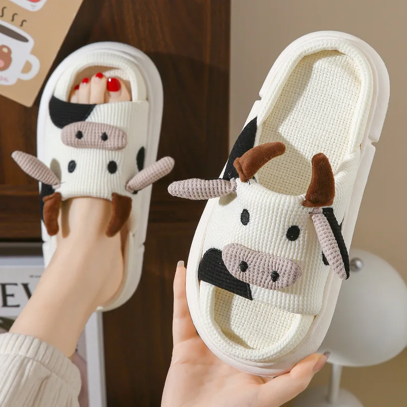 

Women Slippers Cute Cartoon Milk Cow Platform Leisure Home Slides Outdoor Non-slip Thick Sole Couple Hemp Sandals Ladies Shoes