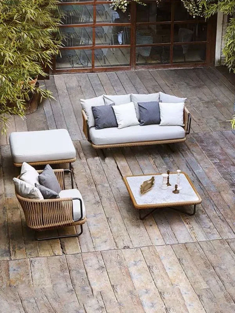 High Quality Nordic Outdoor Sofa Combination Aluminum Frame Rattan Sofa Villa Living Room Courtyard Garden Leisure Furniture Set