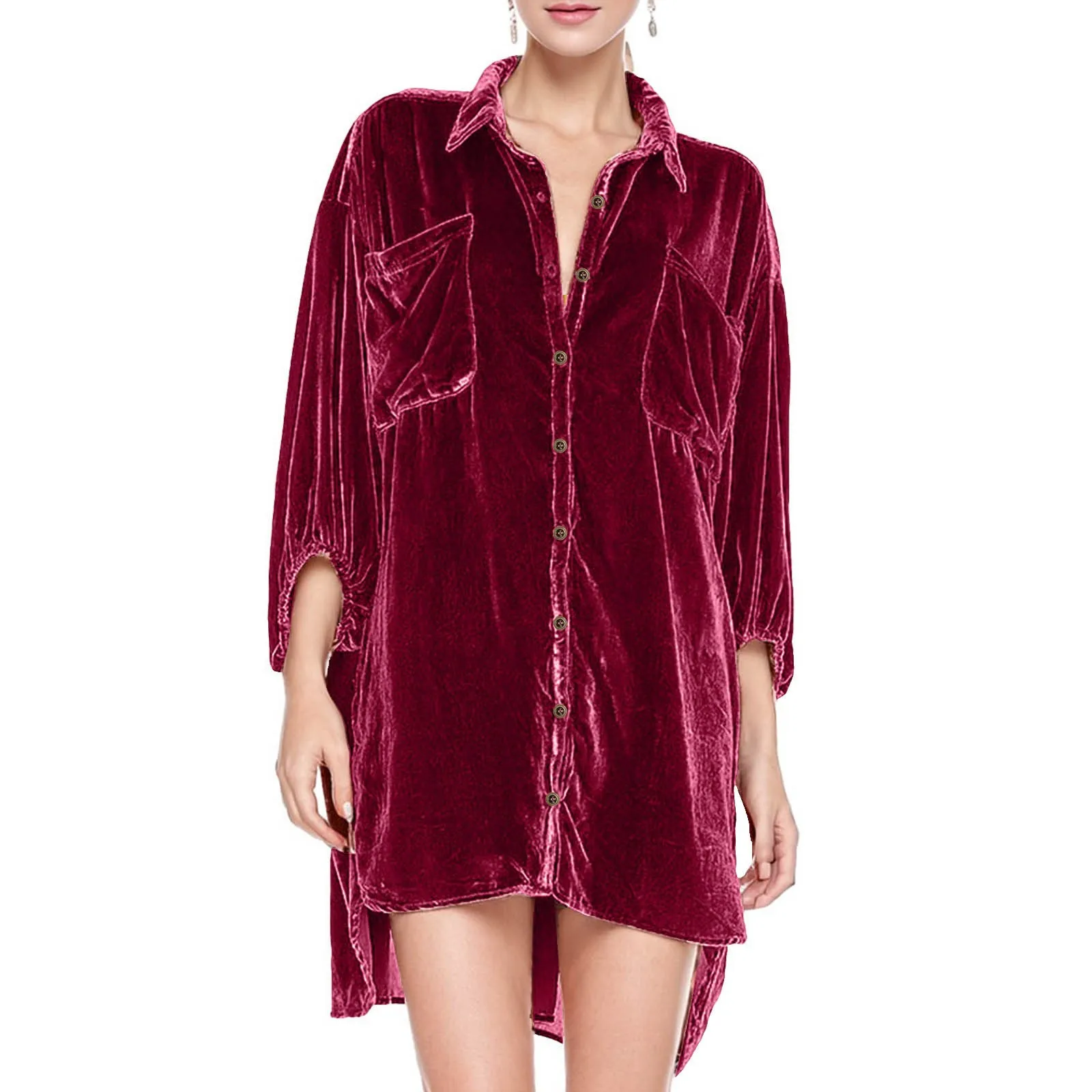 

Red Brown Purple Velvet Dress Women Long Sleeve Turndown Collar Long Shirt Top Casual Solid Color Commute Button Elegant Dresses