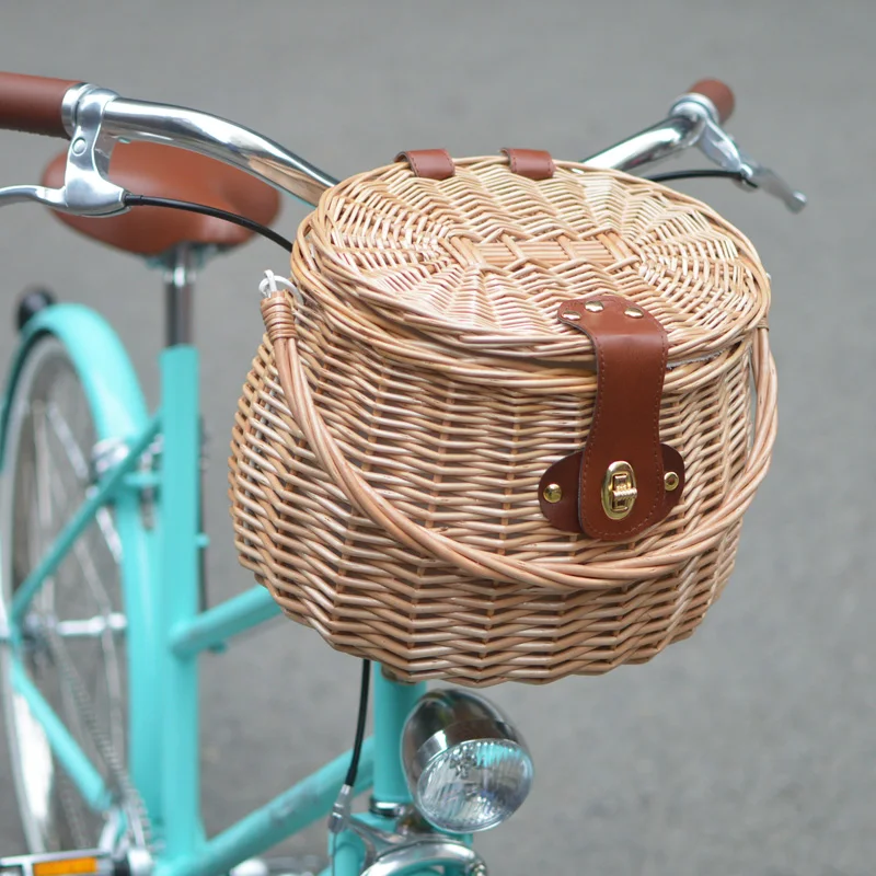 

Vintage Bike Rattan Weave Straw Basket Pastoral Wind Belt Cover Camping Breadbasket Portable Motorcycle Picnic Basket
