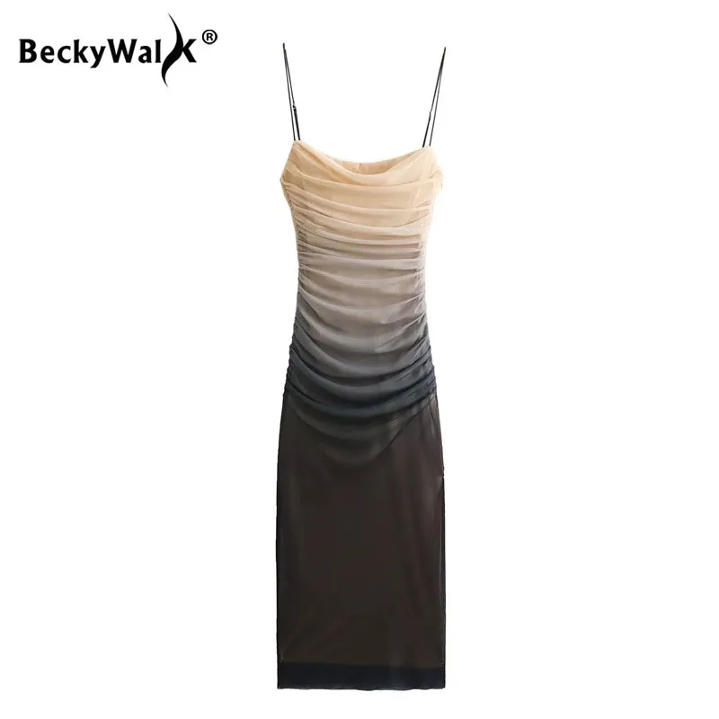 

Gradient Print Tulle Beach Dress Women Summer Sleeveless Strap Pleated Midi Dresses Female Elegant Party Evening Vestido WF391