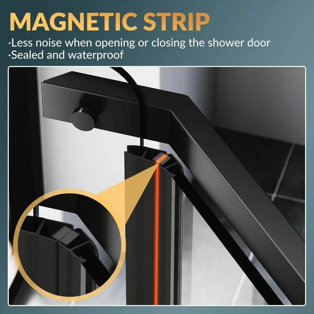 36.5 in. W X 72 in. H Shower Doors, 1/4" Clear Glass, Black Finish, Base Not Included, Corner Pivot Shower Doors 4