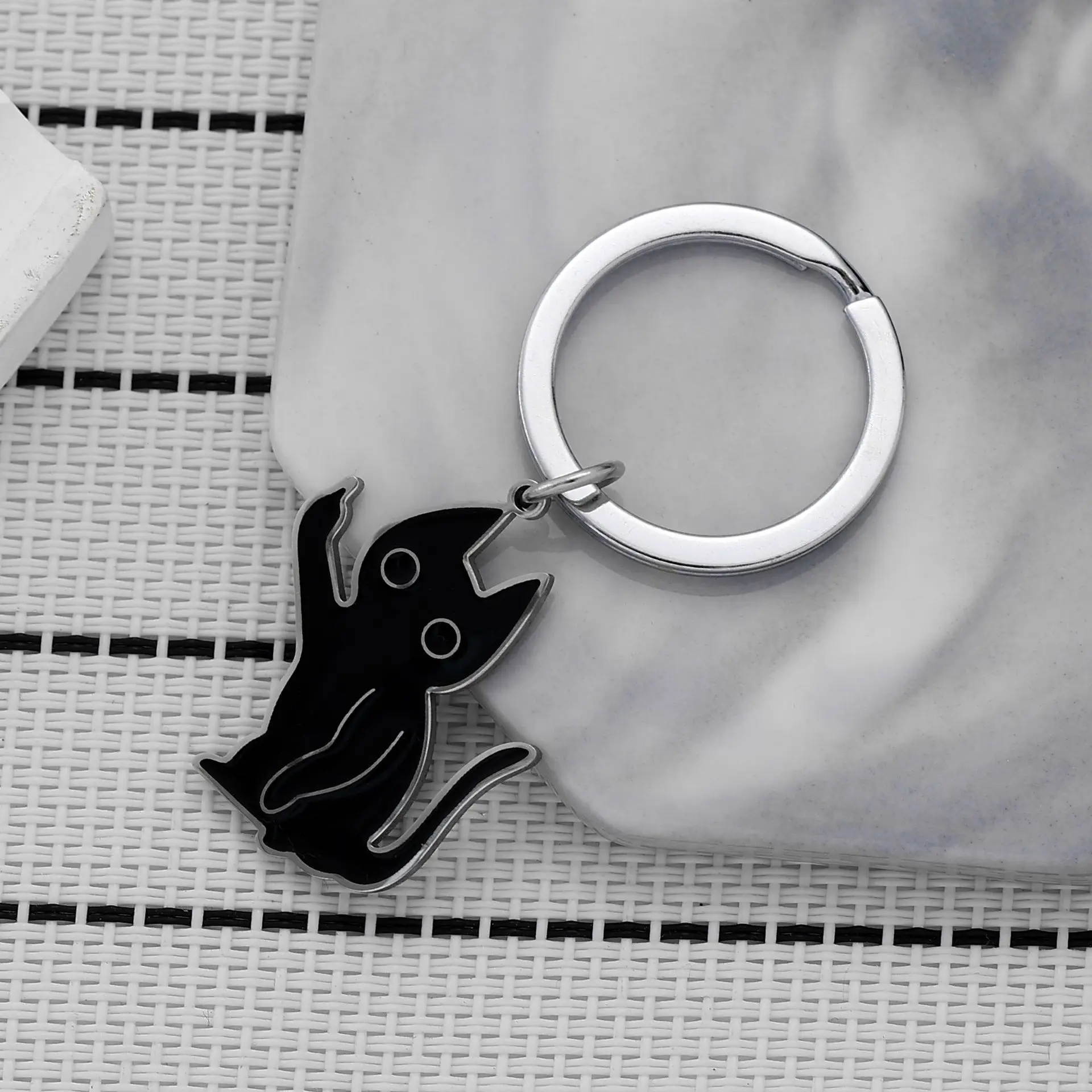 Funny Cat Keychain Stainless Steel Rude Gesture Pendant - Black Cartoon Middle Finger Gift for Women Men