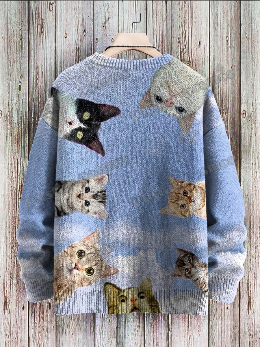 레트로 검은 고양이 눈 아트 패턴 3D 인쇄 남자 Crewneck 니트 풀오버 겨울 남여 캐주얼 니트 풀오버 스웨터 ZZM46