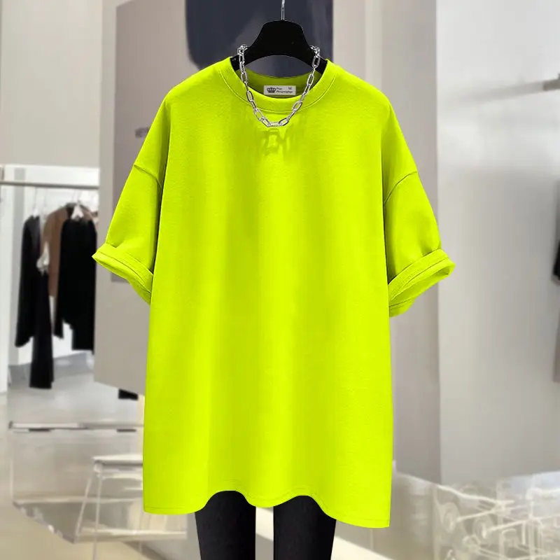 

Lady Solid Color Simple Top Tees Summer Loose Crew Neck Short Sleeve Pure Cotton T-shirt Women M-6XL Basics Casual Pullover
