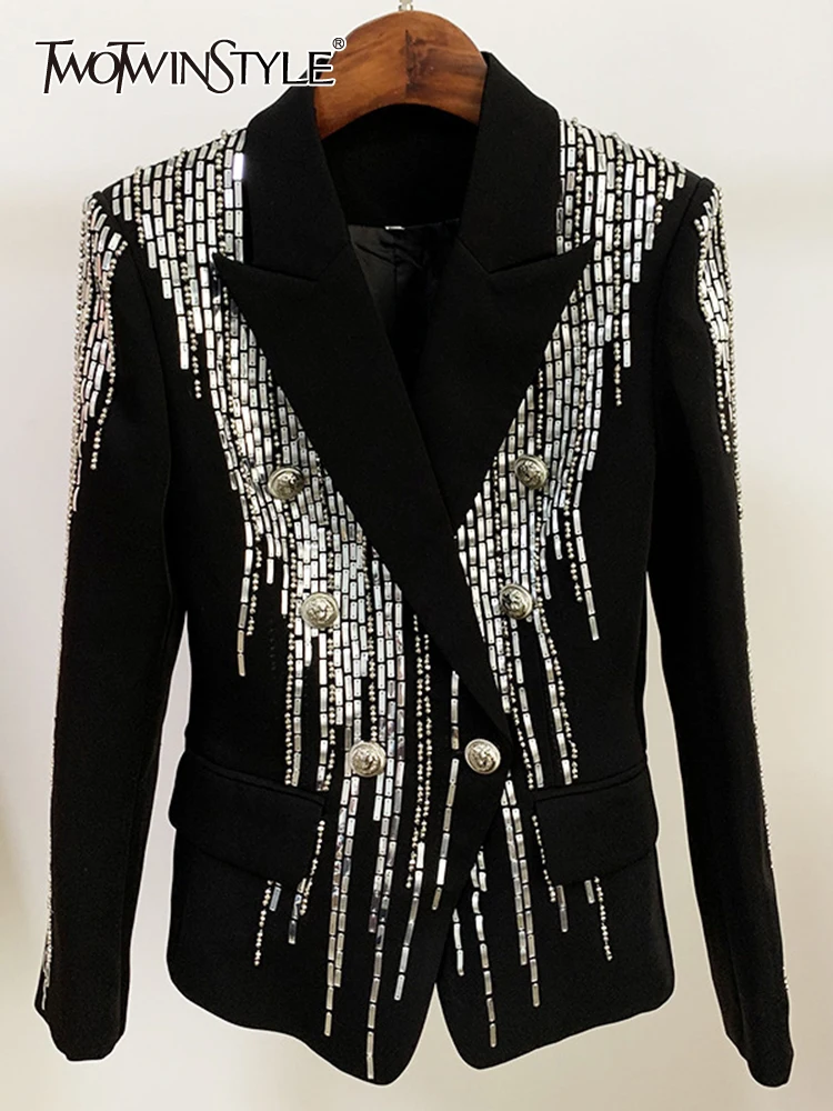 

TWOTWINSTYLE Spliced Sequined Blazers For Women Notched Collar Long Sleeve Patchwork Button Slim Casual Chic Blazer Female New