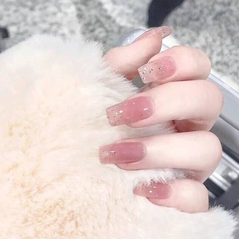 False Nail Full Cover Fake Nail Elegant Pink Gradient Glitter French Short Nails Coffin Short False Nail Press On Nails