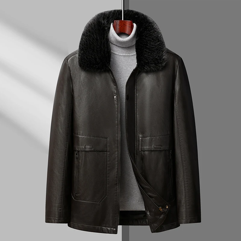 

Winter Autumn Men Black Coffee Down Leather Coat With Fur Collar & Down Puffer Lining Detachable Design Jackets Thermal Outfits