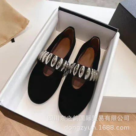 

2024 Spring Metal Buckle Elastic Band Ballet Shoes Women's Retro Genuine Leather Flat Bottom One Step Mary Jane Single Shoes