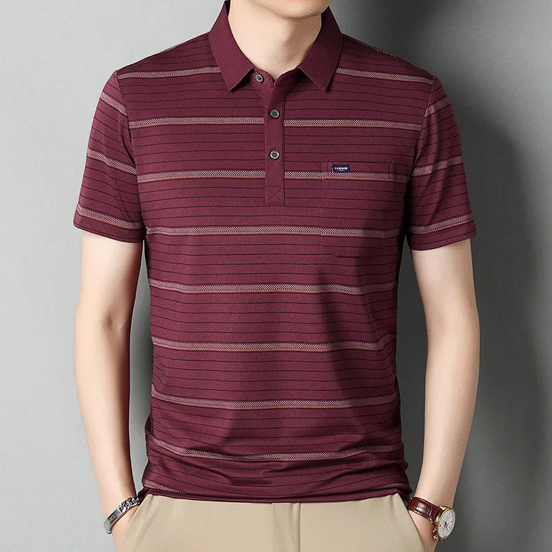 Summer Short Sleeve Men's Polo Shirt Striped Casual Chest Pocket Design Man Polos T-shirt Business Golf Clothing Top Quality
