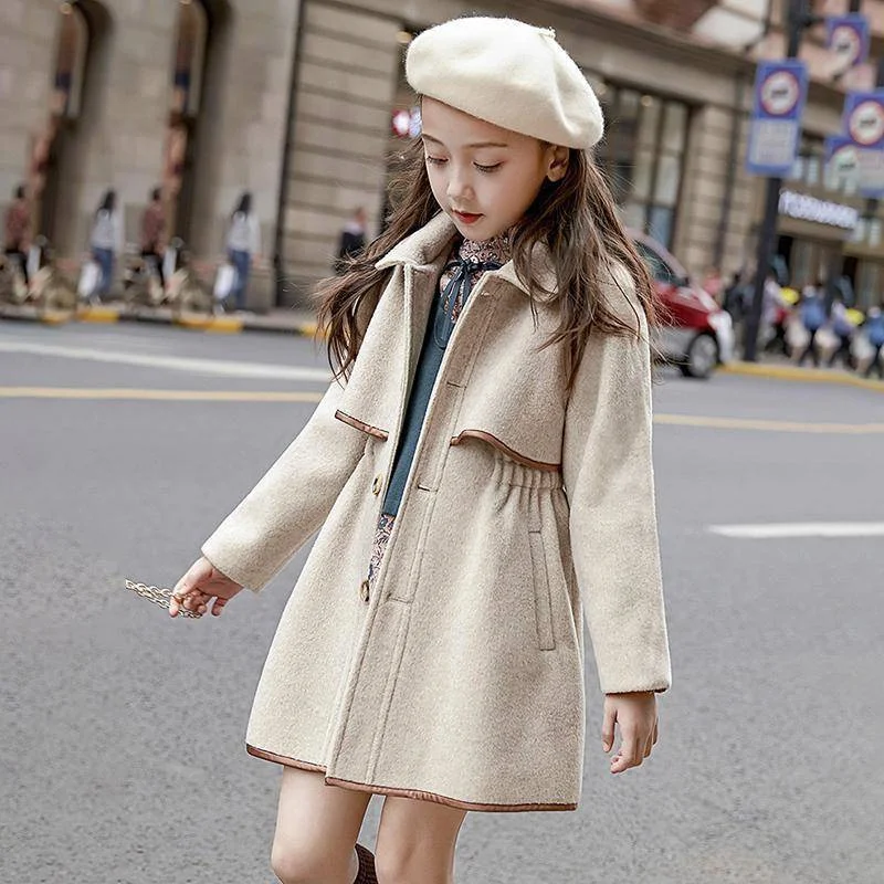 여아 모직 코트, 두꺼운 따뜻한 겉옷, 어린이 의류, 방풍 모직 재킷, 십대 소녀 긴 코트, 겨울 패션, 2024 신상
