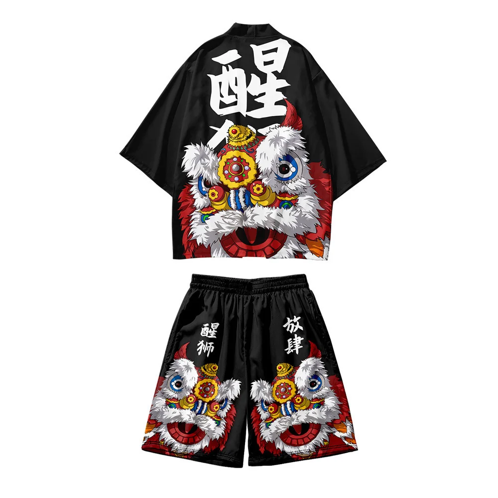 Two-piece Suit Japanese Kimono Cardigan Shorts Set Print Dragon Men Women Shirt Tradition Yukata Haori Obi Coaplay Costume japanese kimono japanese kimono cardigan