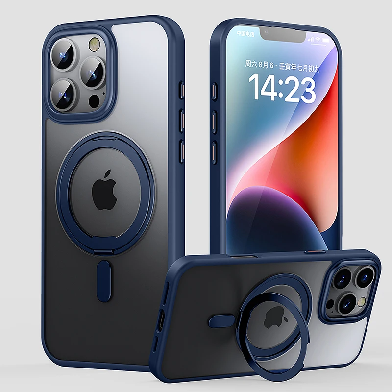 Magnetic 360° Stand Phone Case with Metal Button & Lens Protection - Transparent Matte Cover