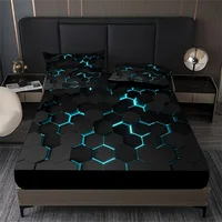 Blue 3D Hexagonal Honeycomb Geometry Print Fitted Sheet Set Column Mosaic Art Neon Mattress Covers Bedding Set With Deep Pocket 1