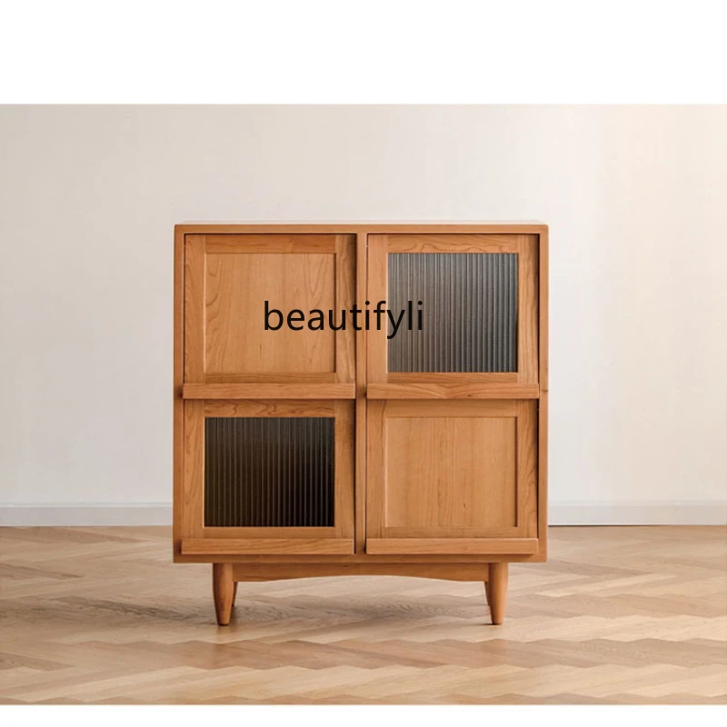 

Rattan Door Magazine Cabinet Nordic Solid Wood Storage Bookcase Floor Glass Door Storage Locker