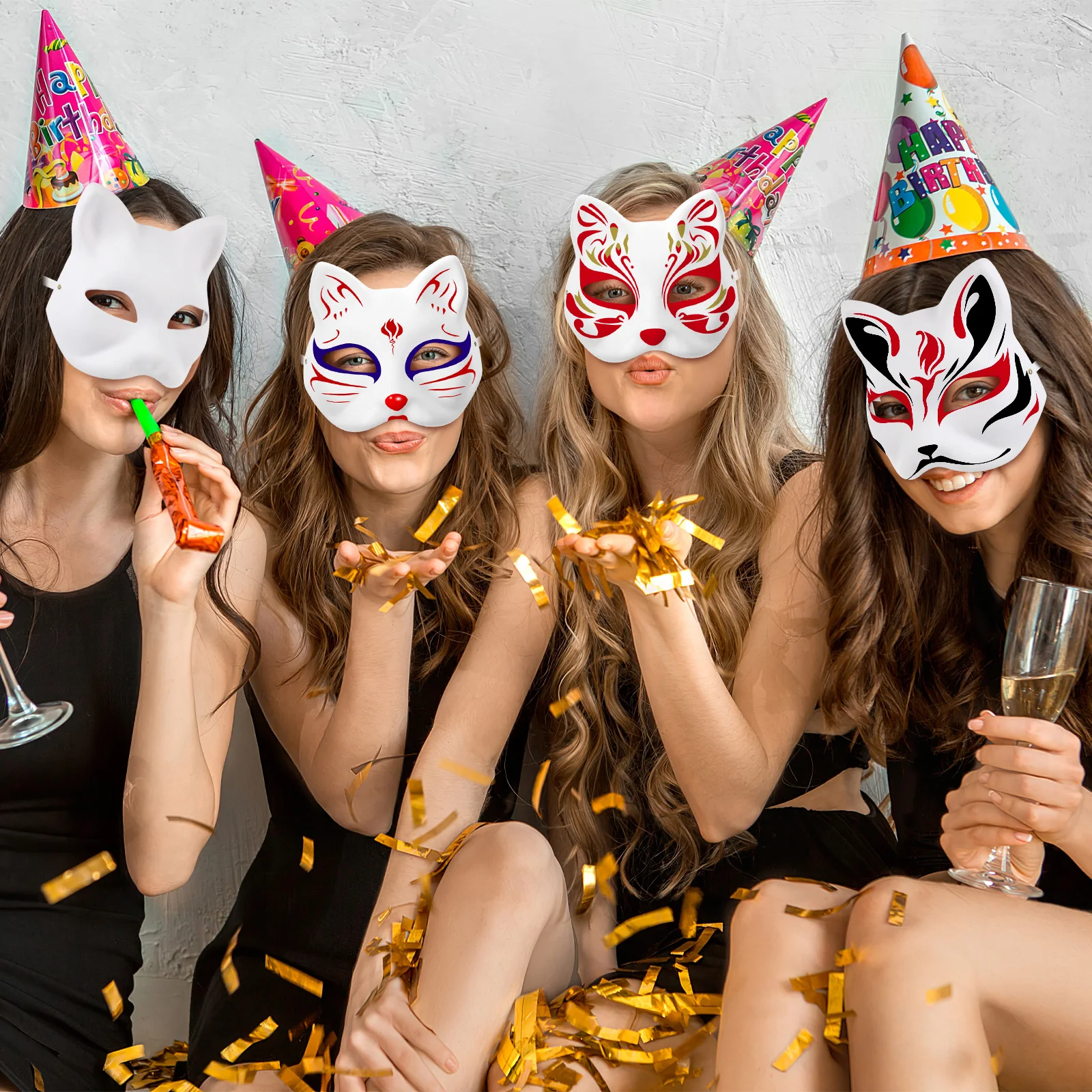 6/10/12Pcs Mask Cat Masquerade Decorate Masks White Animal Empty Face Women Halloween Cosplay Party Kid Woman Therian Wolf